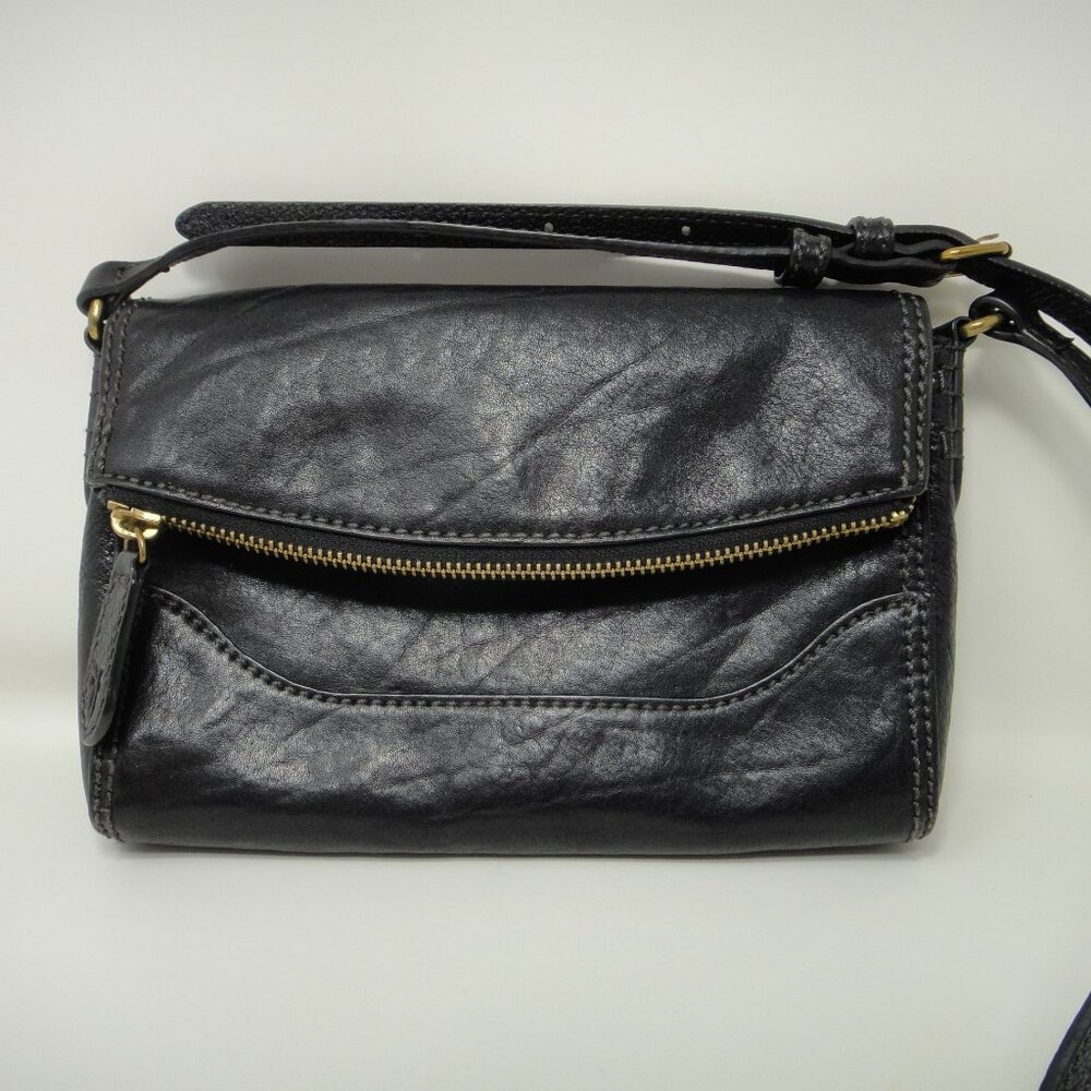 Frye  Fold Over Purse Black Leather Crossbody Bag Zipper Close